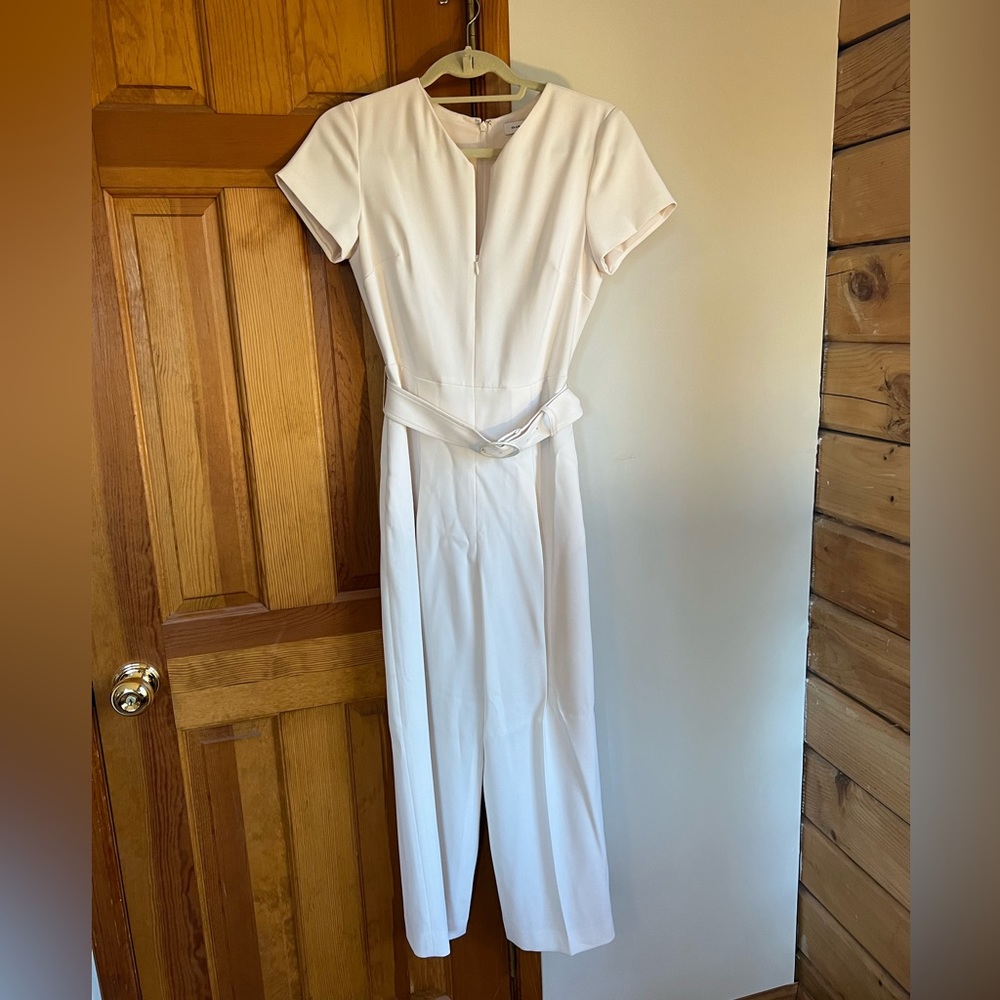 Women's White Short-Sleeve Belted Jumpsuit